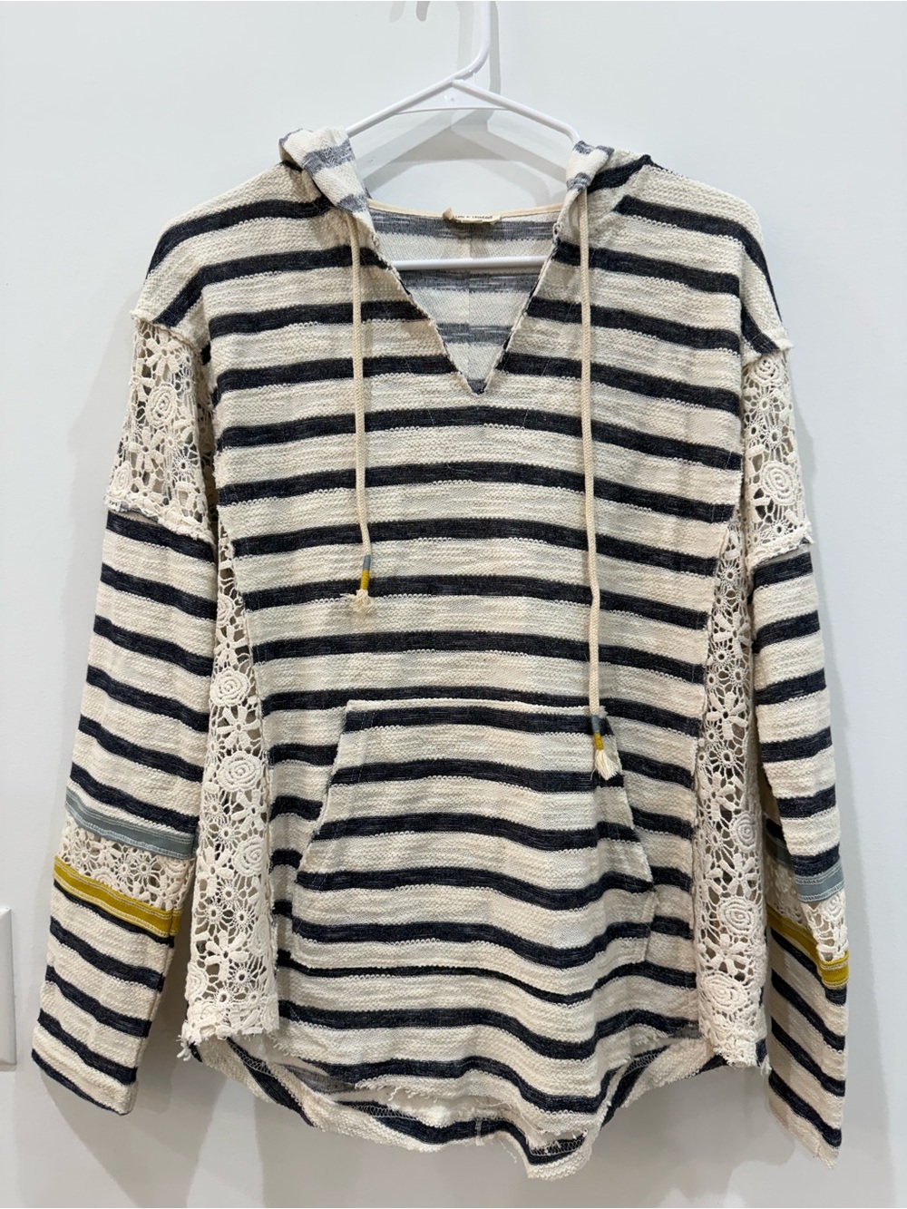 NWOT Hem & Thread Cream and Black Striped Crochet Sleeve Hoodie